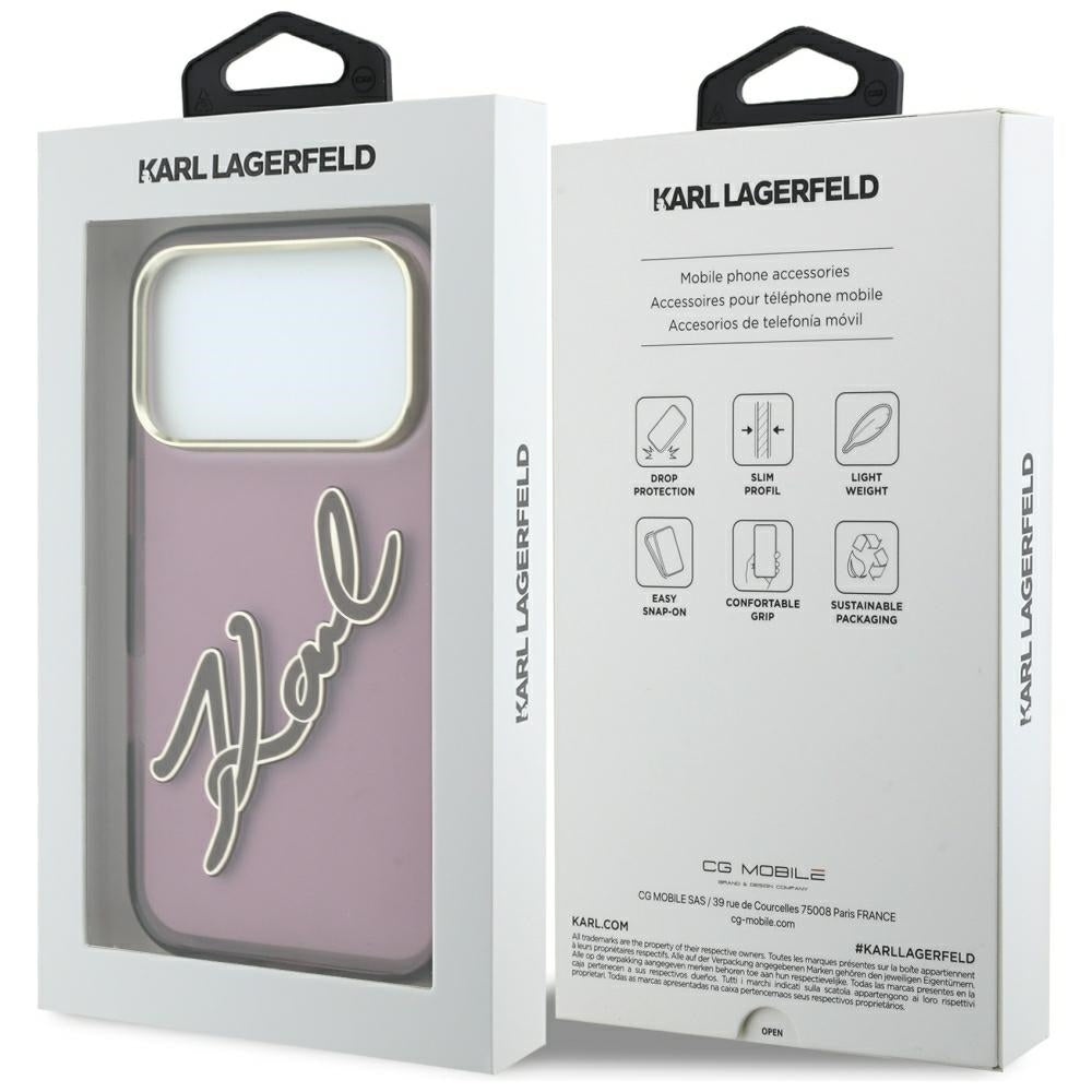 Custodia per Apple iPhone 18 Pro / 17 Pro, Karl Lagerfeld, IML Big Signature Resin Logo e Cornice in Metallo, Vinaccia