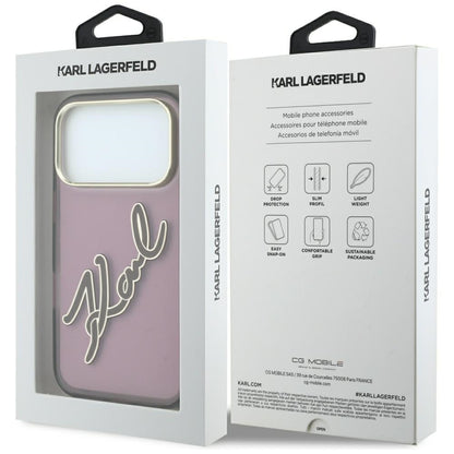 Custodia per Apple iPhone 18 Pro / 17 Pro, Karl Lagerfeld, IML Big Signature Resin Logo e Cornice in Metallo, Vinaccia