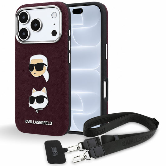 Custodia per Apple iPhone 18 Pro / 17 Pro, Karl Lagerfeld, Saffiano Crossbody Karl & Choupette Head's Pins Logo, color bordeaux