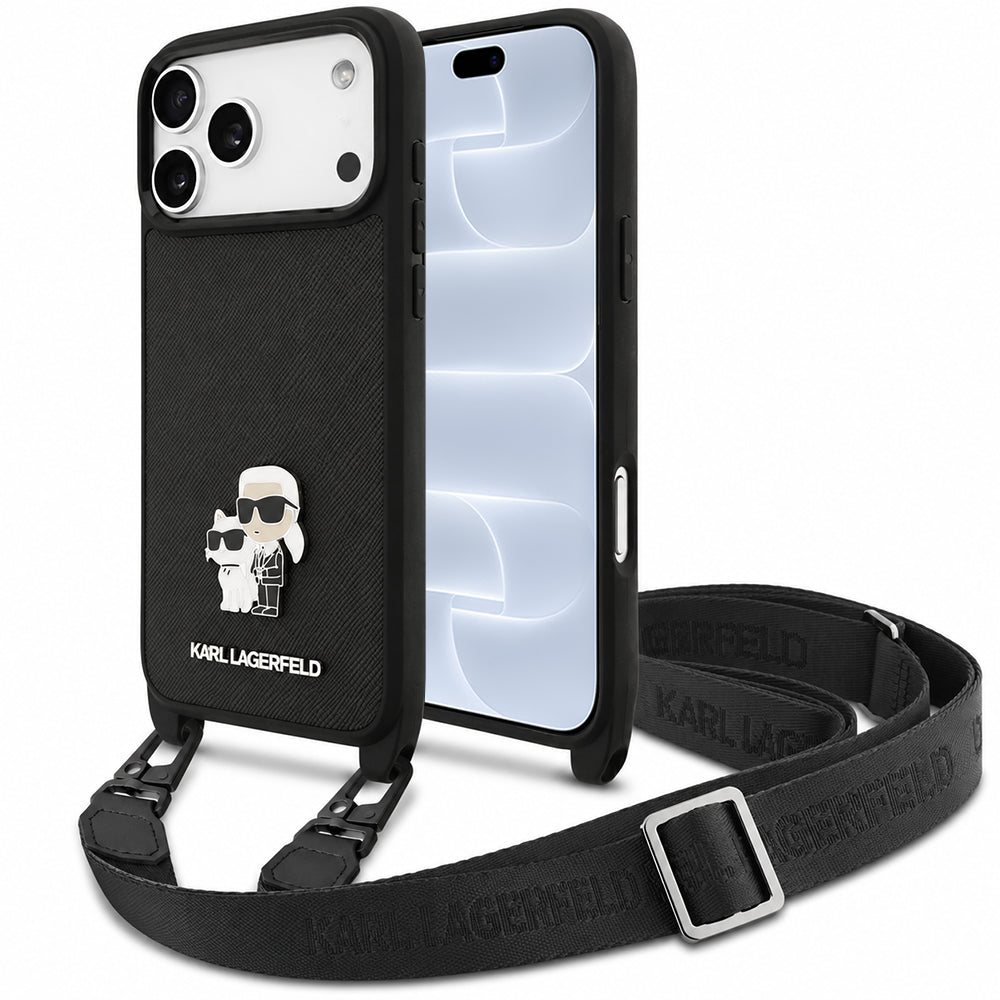 Custodia per Apple iPhone 18 Pro / 17 Pro, Karl Lagerfeld, Saffiano Crossbody Metal Pin Karl & Choupette, nera