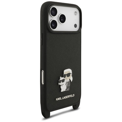 Custodia per Apple iPhone 18 Pro / 17 Pro, Karl Lagerfeld, Saffiano Crossbody Metal Pin Karl & Choupette, nera