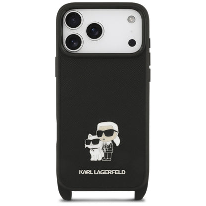 Custodia per Apple iPhone 18 Pro / 17 Pro, Karl Lagerfeld, Saffiano Crossbody Metal Pin Karl & Choupette, nera