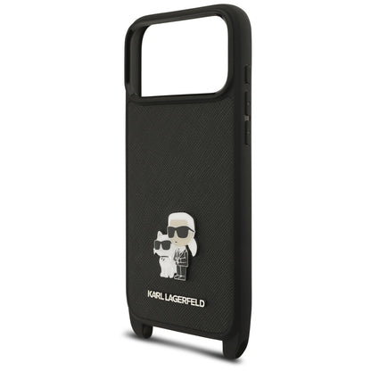 Custodia per Apple iPhone 18 Pro / 17 Pro, Karl Lagerfeld, Saffiano Crossbody Metal Pin Karl & Choupette, nera