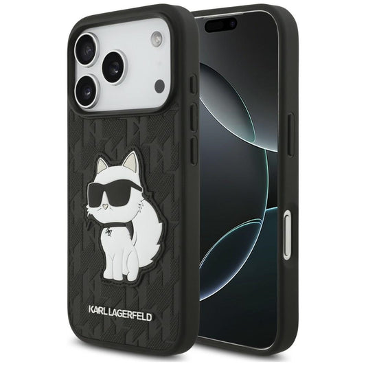Custodia per Apple iPhone 18 Pro / 17 Pro, Karl Lagerfeld, Saffiano Mono Patch Choupette, nera
