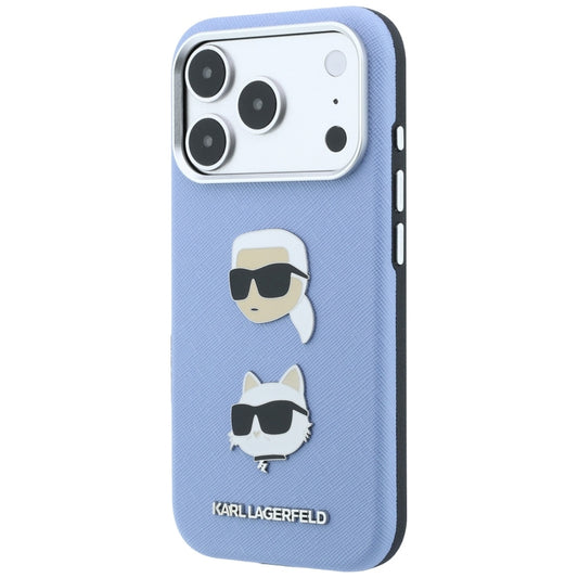 Custodia per Apple iPhone 18 Pro / 17 Pro, Karl Lagerfeld, Saffiano con spilla con le teste di Karl e Choupette e logo, blu