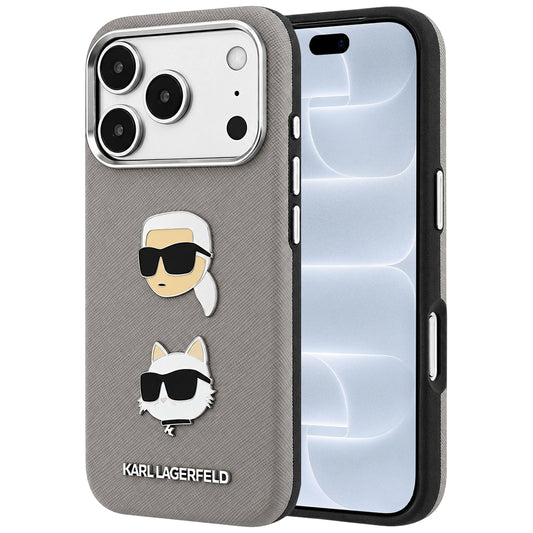Custodia per Apple iPhone 18 Pro / 17 Pro, Karl Lagerfeld, Saffiano con spilla con le teste di Karl e Choupette e logo, grigio