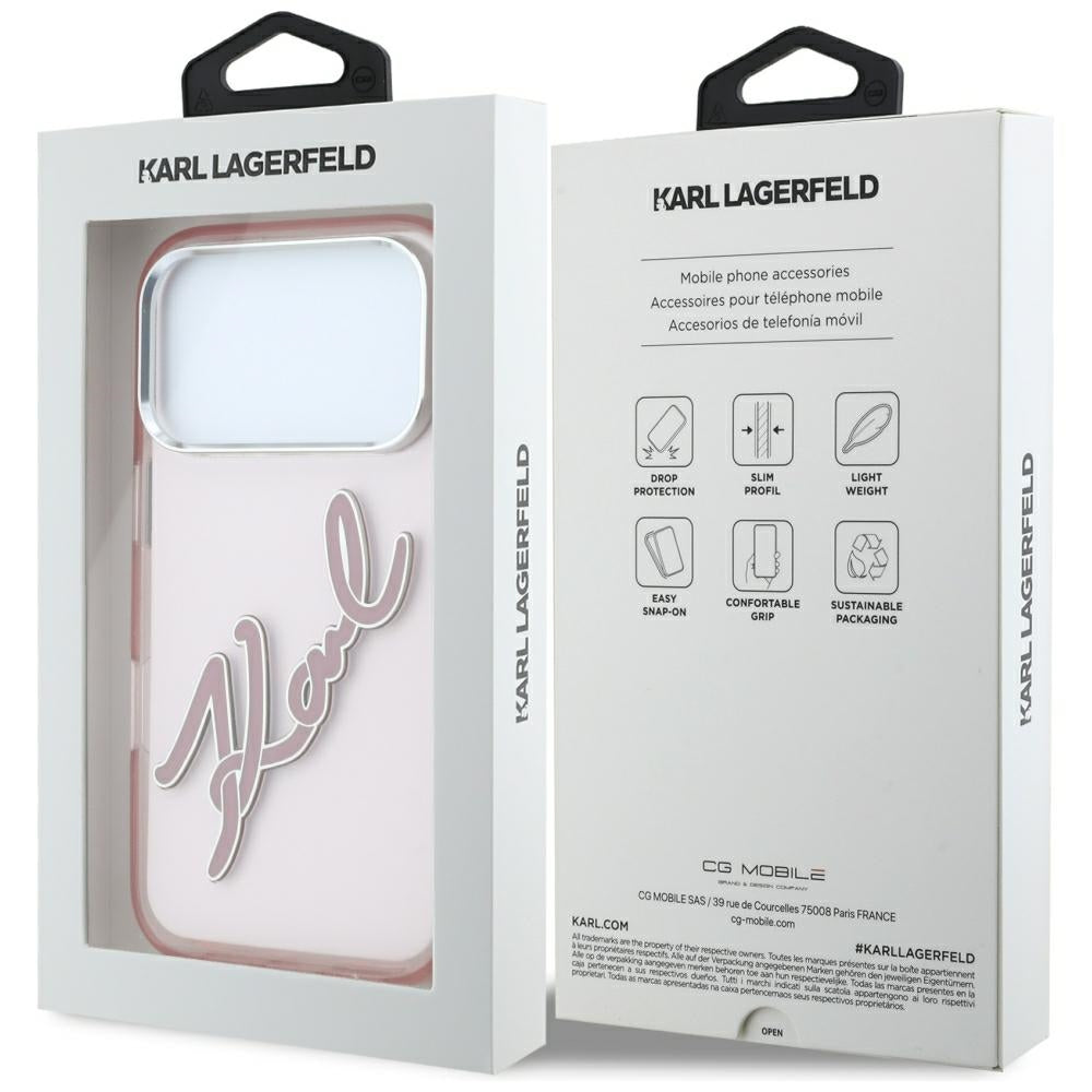 Custodia per Apple iPhone 18 Pro Max / 17 Pro Max, Karl Lagerfeld, IML Big Signature Resina Logo Cornice Metallica, Rosa