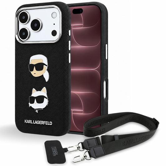 Custodia per Apple iPhone 18 Pro Max / 17 Pro Max, Karl Lagerfeld, Saffiano Crossbody Karl & Choupette Head's Pins Logo, nera