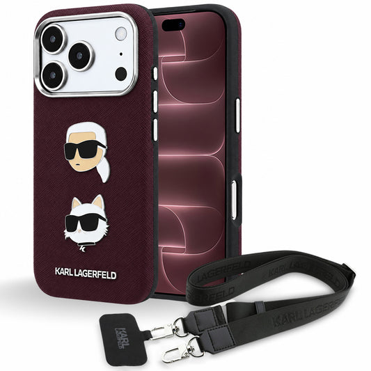Custodia per Apple iPhone 18 Pro Max / 17 Pro Max, Karl Lagerfeld, Saffiano Crossbody Karl & Choupette Head's Pins Logo, color bordeaux