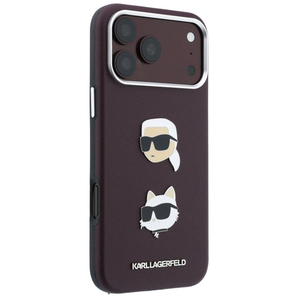 Custodia per Apple iPhone 18 Pro Max / 17 Pro Max, Karl Lagerfeld, Saffiano Crossbody Karl & Choupette Head's Pins Logo, color bordeaux