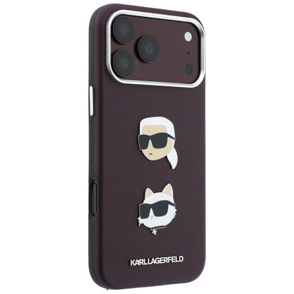 Custodia per Apple iPhone 18 Pro Max / 17 Pro Max, Karl Lagerfeld, Saffiano Crossbody Karl & Choupette Head's Pins Logo, color bordeaux