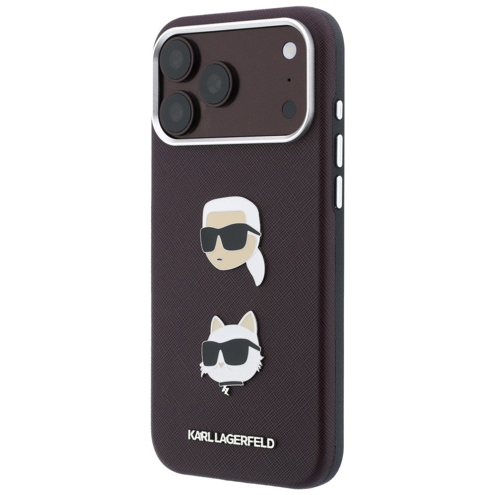Custodia per Apple iPhone 18 Pro Max / 17 Pro Max, Karl Lagerfeld, Saffiano Crossbody Karl & Choupette Head's Pins Logo, color bordeaux