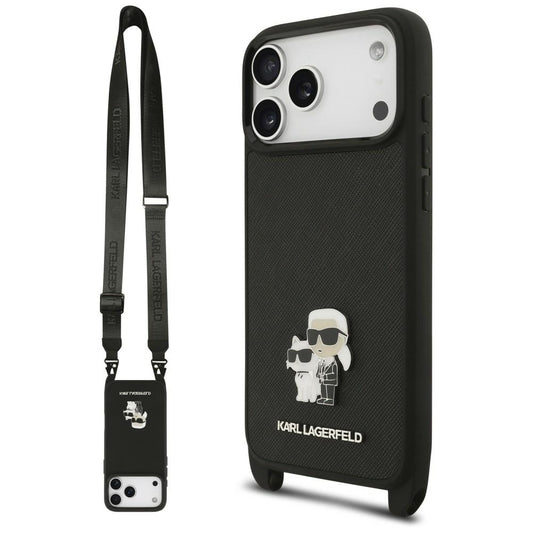 Custodia per Apple iPhone 18 Pro Max / 17 Pro Max, Karl Lagerfeld, Saffiano Crossbody Metal Pin Karl & Choupette, nera
