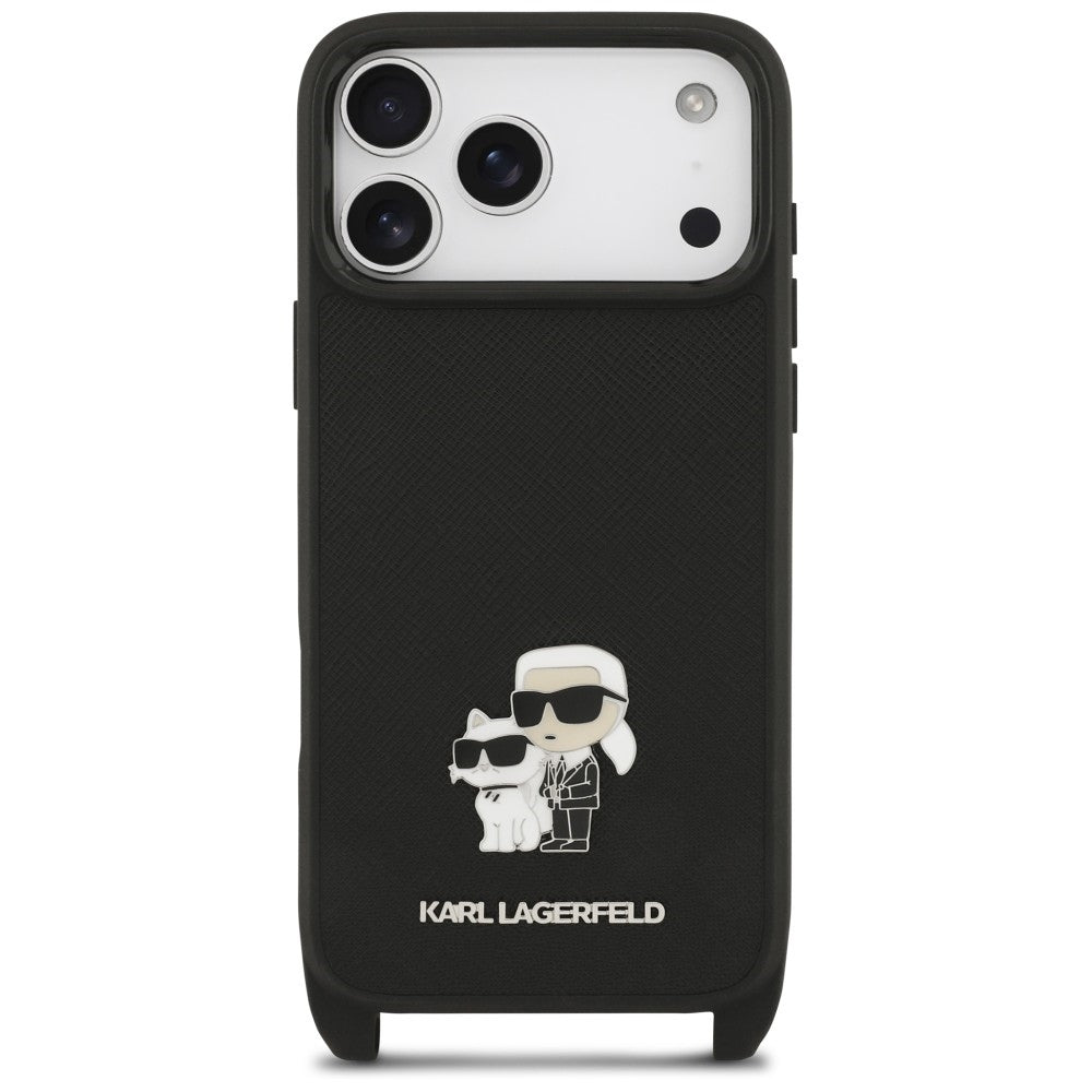 Custodia per Apple iPhone 18 Pro Max / 17 Pro Max, Karl Lagerfeld, Saffiano Crossbody Metal Pin Karl & Choupette, nera