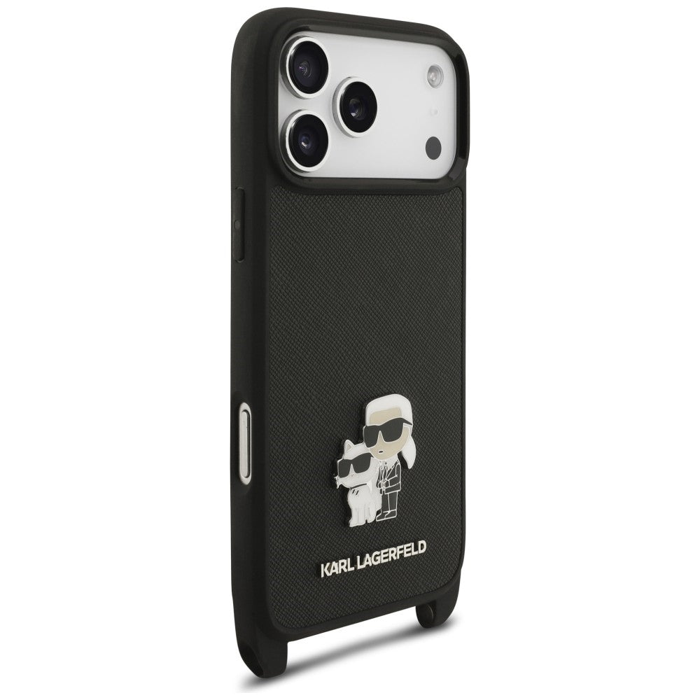 Custodia per Apple iPhone 18 Pro Max / 17 Pro Max, Karl Lagerfeld, Saffiano Crossbody Metal Pin Karl & Choupette, nera