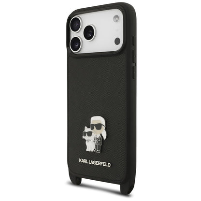 Custodia per Apple iPhone 18 Pro Max / 17 Pro Max, Karl Lagerfeld, Saffiano Crossbody Metal Pin Karl & Choupette, nera