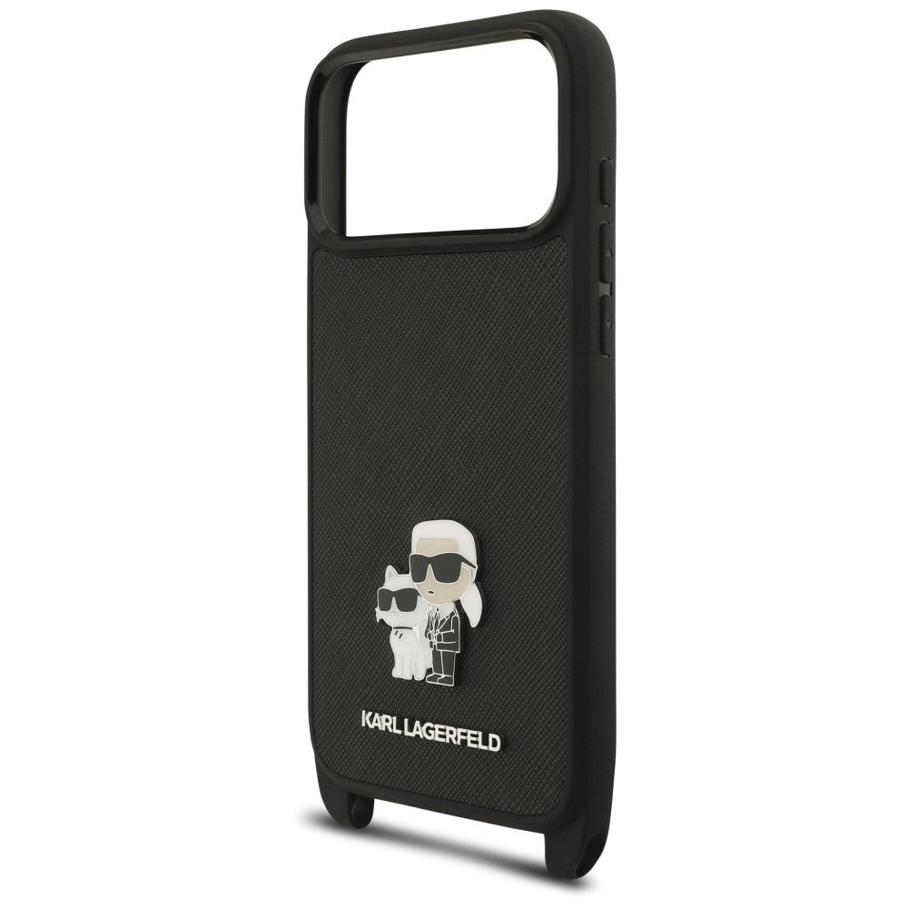 Custodia per Apple iPhone 18 Pro Max / 17 Pro Max, Karl Lagerfeld, Saffiano Crossbody Metal Pin Karl & Choupette, nera
