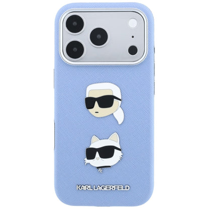Custodia per Apple iPhone 18 Pro Max / 17 Pro Max, Karl Lagerfeld, Saffiano con spilla testa di Karl & Choupette e logo, Blu