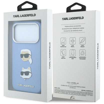 Custodia per Apple iPhone 18 Pro Max / 17 Pro Max, Karl Lagerfeld, Saffiano con spilla testa di Karl & Choupette e logo, Blu