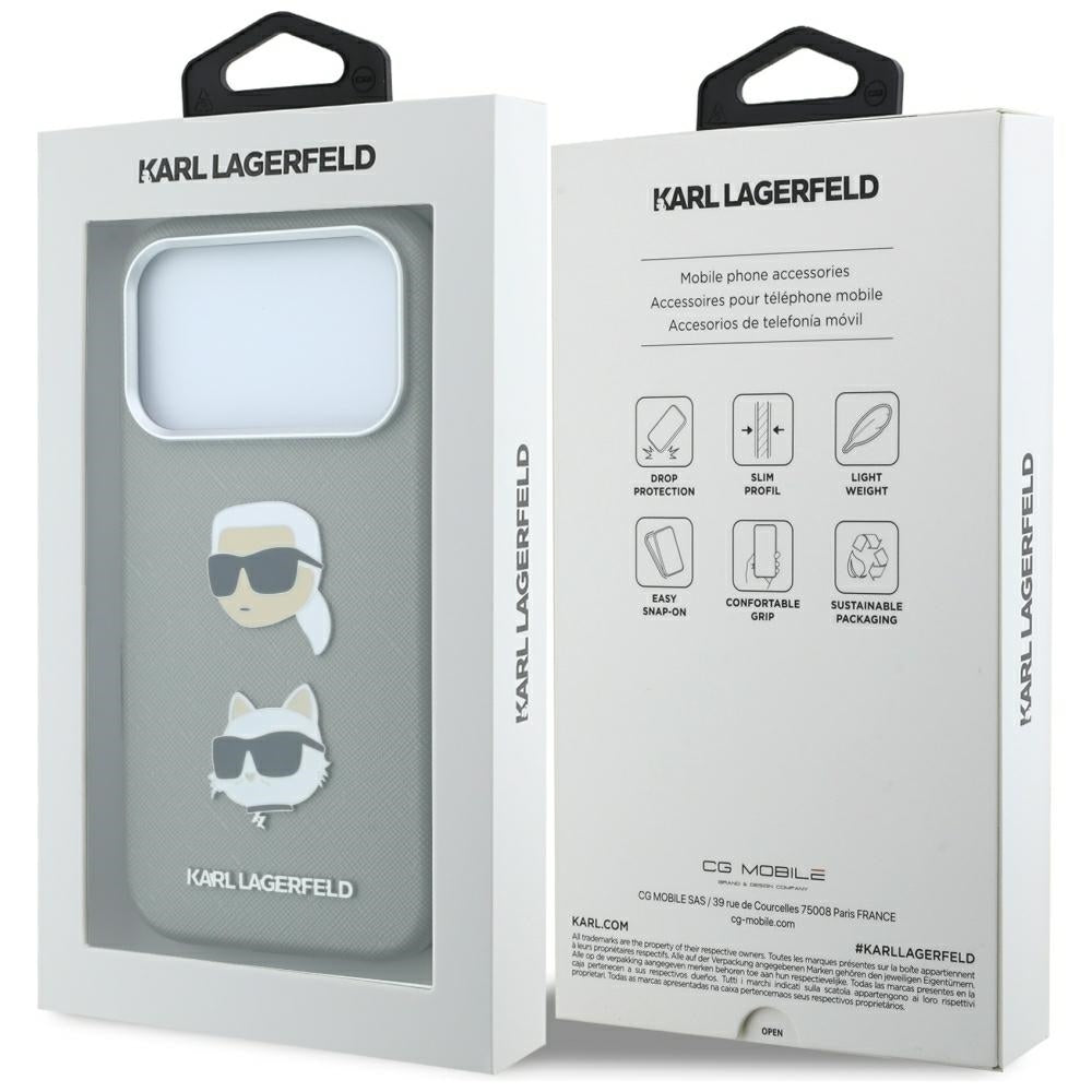 Case for Apple iPhone 18 Pro Max / 17 Pro Max, Karl Lagerfeld, Saffiano with Karl & Choupette Head's Pin and Logo, Gray