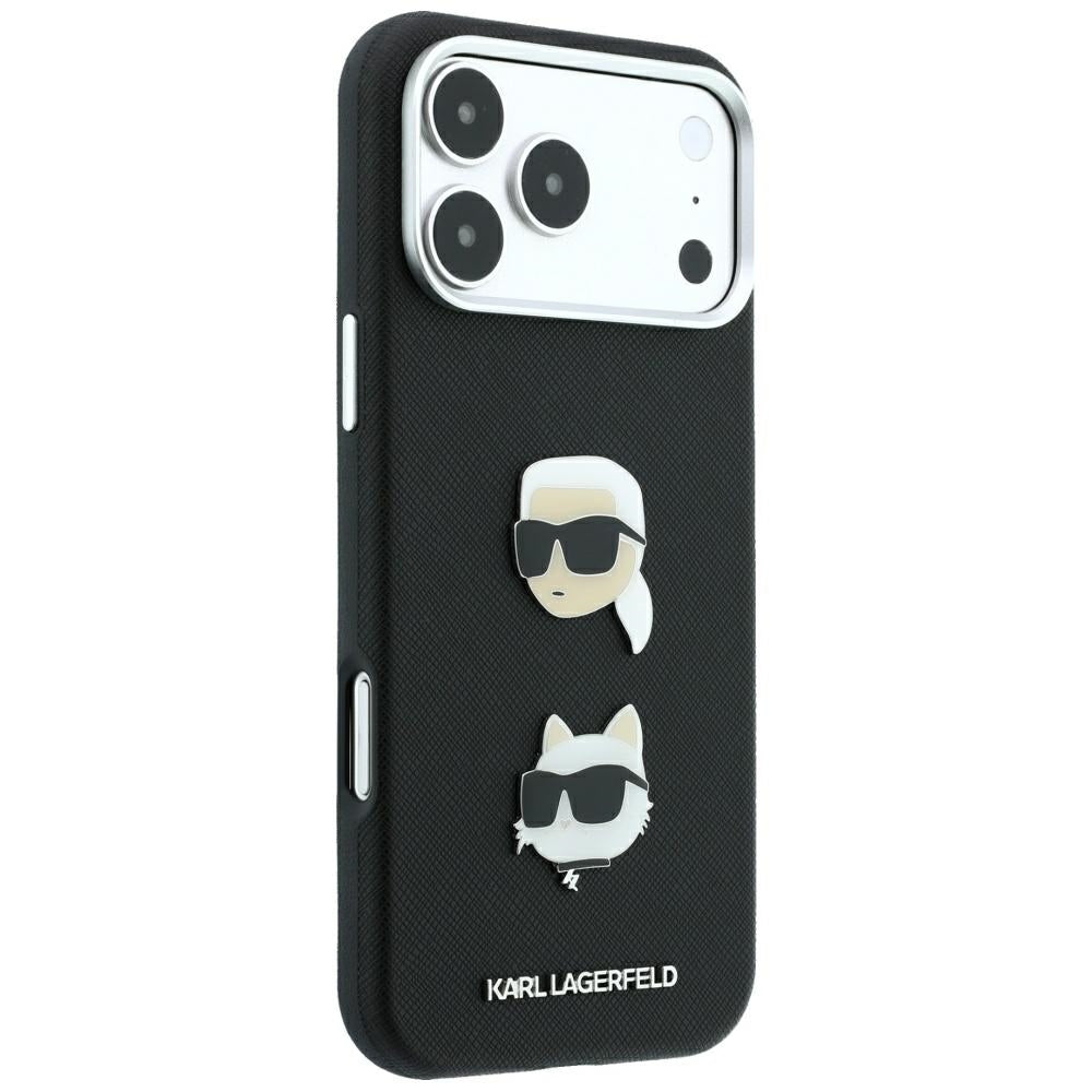 Custodia per Apple iPhone 18 Pro Max / 17 Pro Max, Karl Lagerfeld, Saffiano con Spilla Testa di Karl & Choupette e Logo, Nera