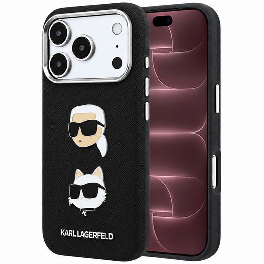 Custodia per Apple iPhone 18 Pro Max / 17 Pro Max, Karl Lagerfeld, Saffiano con Spilla Testa di Karl & Choupette e Logo, Nera