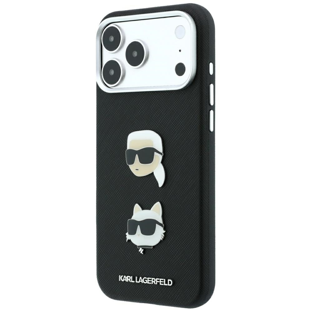 Custodia per Apple iPhone 18 Pro Max / 17 Pro Max, Karl Lagerfeld, Saffiano con Spilla Testa di Karl & Choupette e Logo, Nera