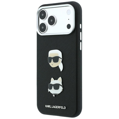 Custodia per Apple iPhone 18 Pro Max / 17 Pro Max, Karl Lagerfeld, Saffiano con Spilla Testa di Karl & Choupette e Logo, Nera