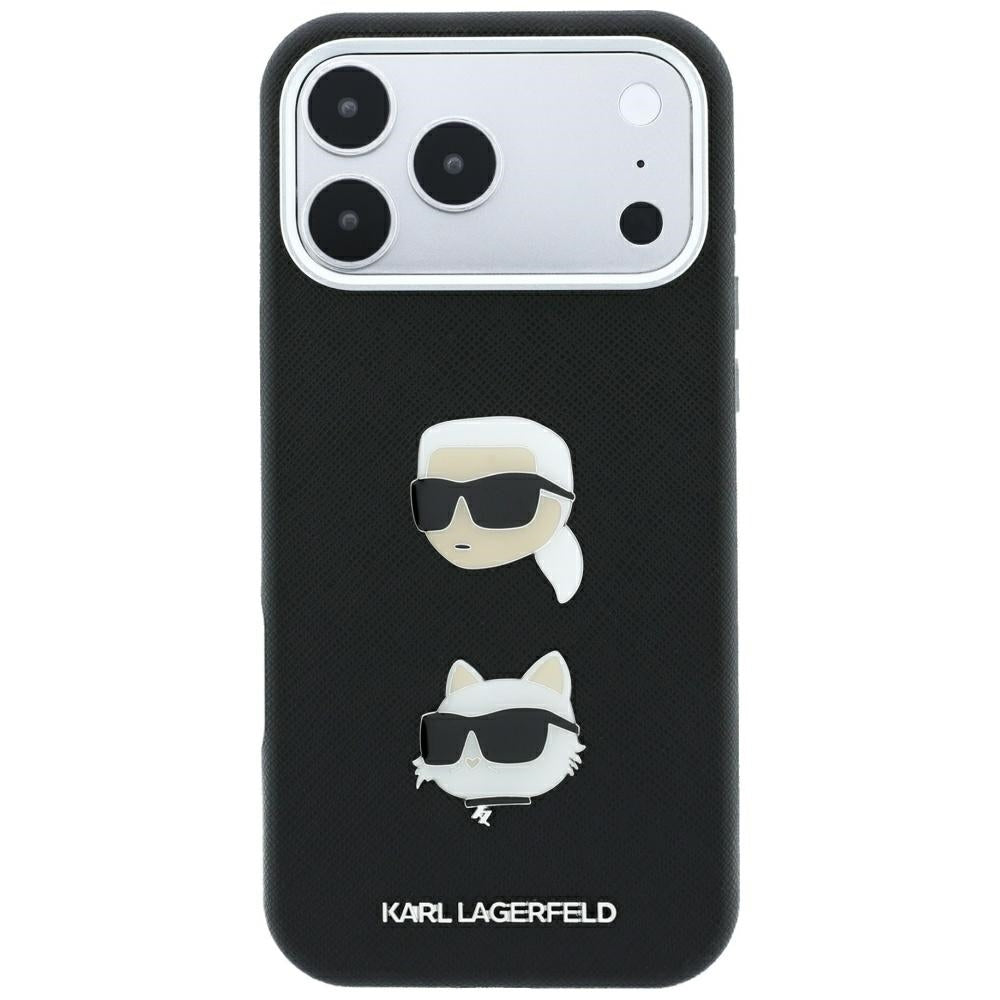 Custodia per Apple iPhone 18 Pro Max / 17 Pro Max, Karl Lagerfeld, Saffiano con Spilla Testa di Karl & Choupette e Logo, Nera