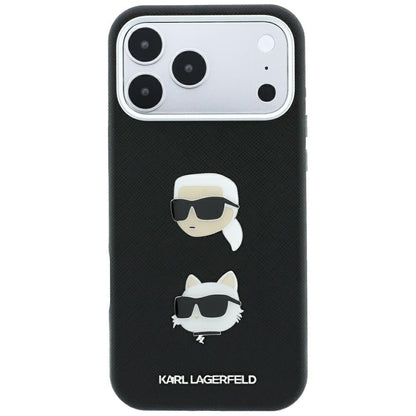 Custodia per Apple iPhone 18 Pro Max / 17 Pro Max, Karl Lagerfeld, Saffiano con Spilla Testa di Karl & Choupette e Logo, Nera