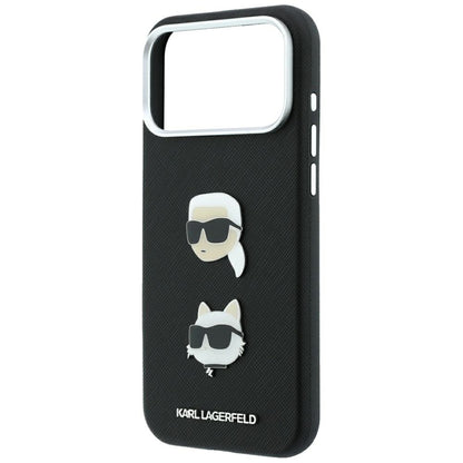 Custodia per Apple iPhone 18 Pro Max / 17 Pro Max, Karl Lagerfeld, Saffiano con Spilla Testa di Karl & Choupette e Logo, Nera
