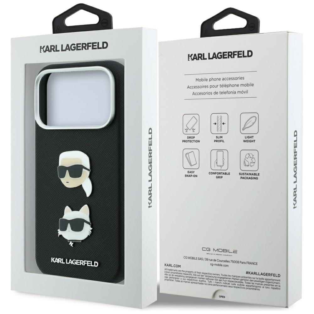 Custodia per Apple iPhone 18 Pro Max / 17 Pro Max, Karl Lagerfeld, Saffiano con Spilla Testa di Karl & Choupette e Logo, Nera