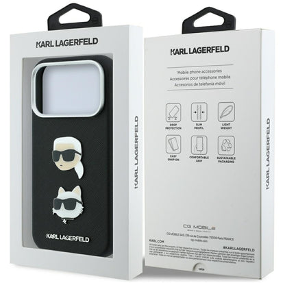 Custodia per Apple iPhone 18 Pro Max / 17 Pro Max, Karl Lagerfeld, Saffiano con Spilla Testa di Karl & Choupette e Logo, Nera
