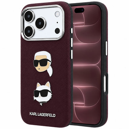 Custodia per Apple iPhone 18 Pro Max / 17 Pro Max, Karl Lagerfeld, Saffiano con Spilla Testa di Karl & Choupette e Logo, Vinaccia