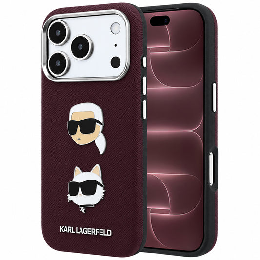 Custodia per Apple iPhone 18 Pro Max / 17 Pro Max, Karl Lagerfeld, Saffiano con Spilla Testa di Karl & Choupette e Logo, Vinaccia