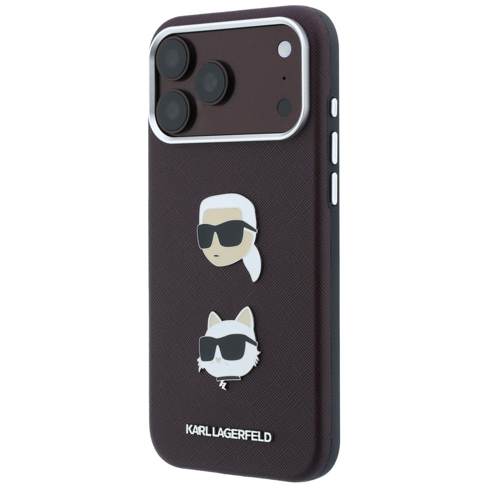 Custodia per Apple iPhone 18 Pro Max / 17 Pro Max, Karl Lagerfeld, Saffiano con Spilla Testa di Karl & Choupette e Logo, Vinaccia