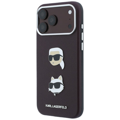 Custodia per Apple iPhone 18 Pro Max / 17 Pro Max, Karl Lagerfeld, Saffiano con Spilla Testa di Karl & Choupette e Logo, Vinaccia
