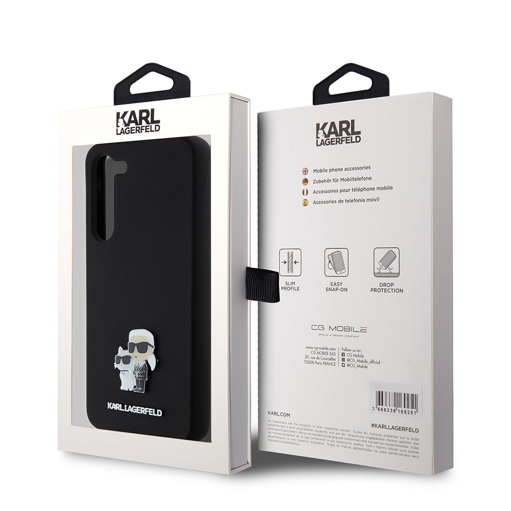 Custodia per Samsung Galaxy S23+ S916, Karl Lagerfeld, Silicone Karl & Choupette Metal, Nera