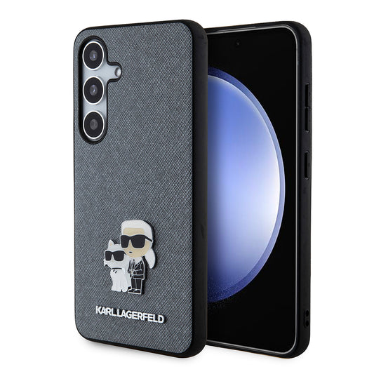Custodia per Samsung Galaxy S24 S921, Karl Lagerfeld, Saffiano Karl & Choupette Metal, Grigio