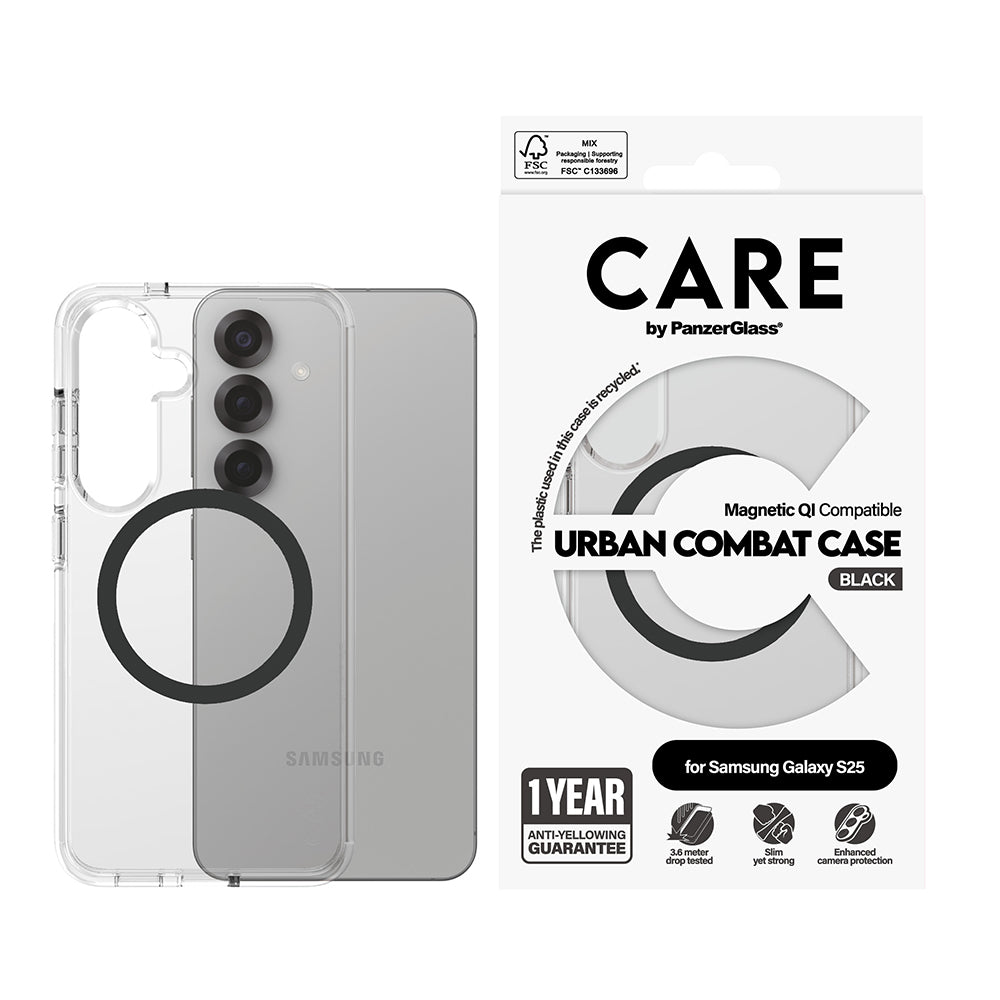 Custodia per Samsung Galaxy S25 S931, PanzerGlass, Care Urban Combat, Trasparente Nera
