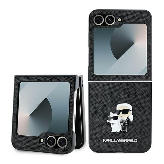 Case for Samsung Galaxy Z Flip7 FE F761 / Z Flip6 F741, Karl Lagerfeld, Saffiano Karl & Choupette Metal, Black