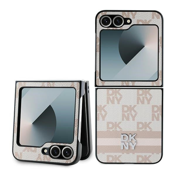 Custodia per Samsung Galaxy Z Flip7 FE F761 / Z Flip6 F741, DKNY, Motivo a Strisce Stampate a Scacchi, Rosa
