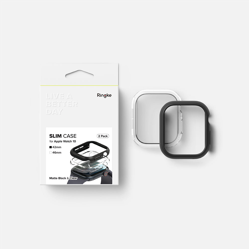 Custodia Ringke Slim per Apple Watch Series 10 / 11 46mm, Set 2 pezzi, Nero Opaco / Trasparente