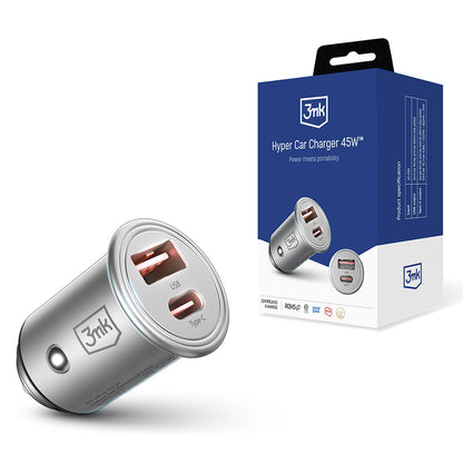 Caricabatterie per auto 3MK Hyper, 45W, 3A, 1 x USB-A - 1 x USB-C, argento 