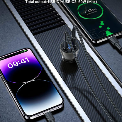 Caricabatteria da auto Acefast B10, 60W, 3A, 2 x USB-C, nero 