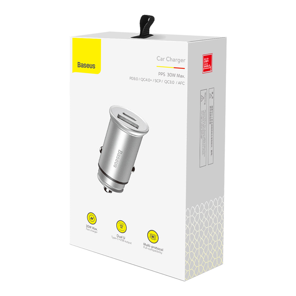 Caricabatterie Auto Baseus Circular Metal, 30W, 5A, 1 x USB-A - 1 x USB-C, Grigio
