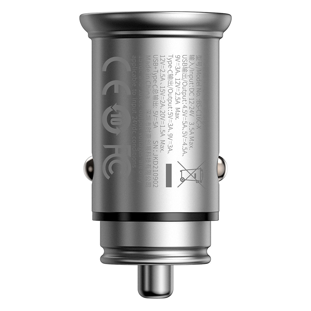 Caricabatterie Auto Baseus Circular Metal, 30W, 5A, 1 x USB-A - 1 x USB-C, Grigio