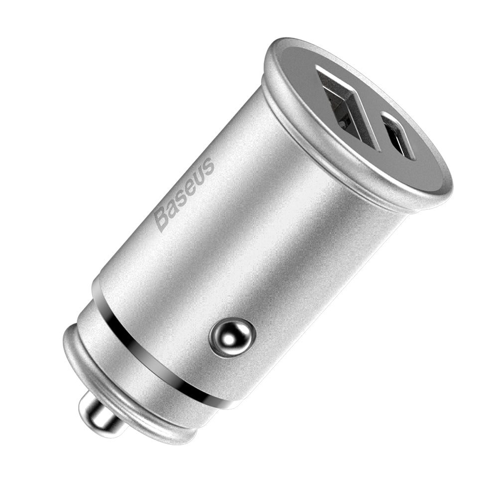 Caricabatterie Auto Baseus Circular Metal, 30W, 5A, 1 x USB-A - 1 x USB-C, Grigio