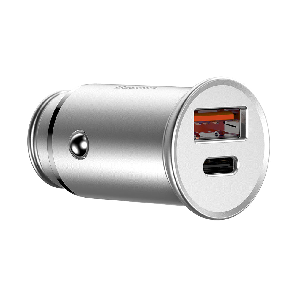 Caricabatterie Auto Baseus Circular Metal, 30W, 5A, 1 x USB-A - 1 x USB-C, Grigio