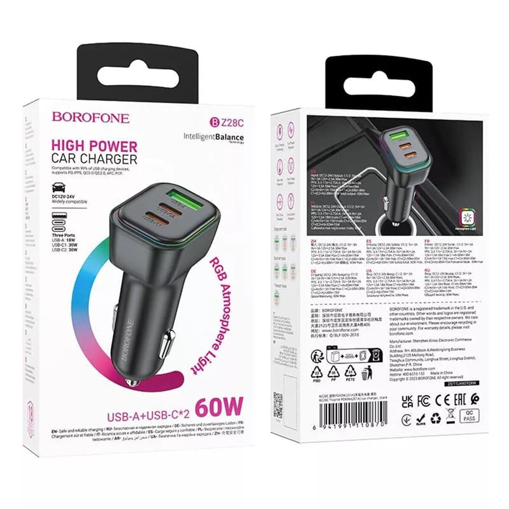 Caricabatterie Auto Borofone BZ28C Trophie, 60W, 3A, 1 x USB-A, 2 x USB-C, Nero